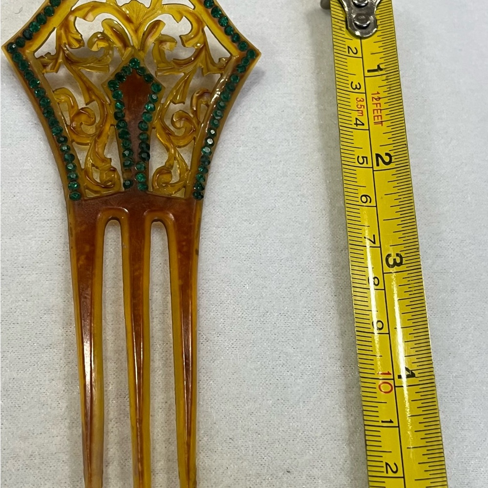 Vintage Tortoise Ornate Hair Comb with Green Accents